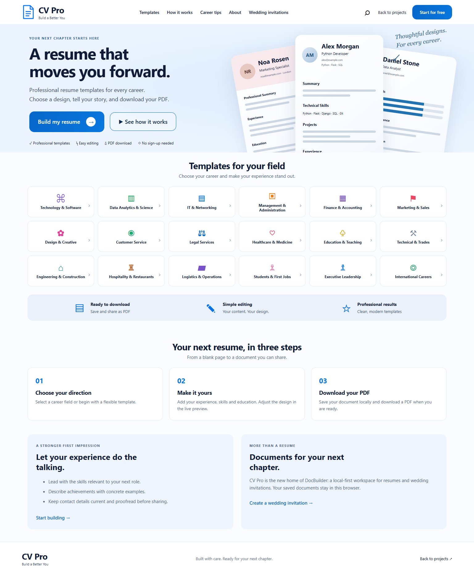 CV Pro resume builder homepage with blue buttons and career templates