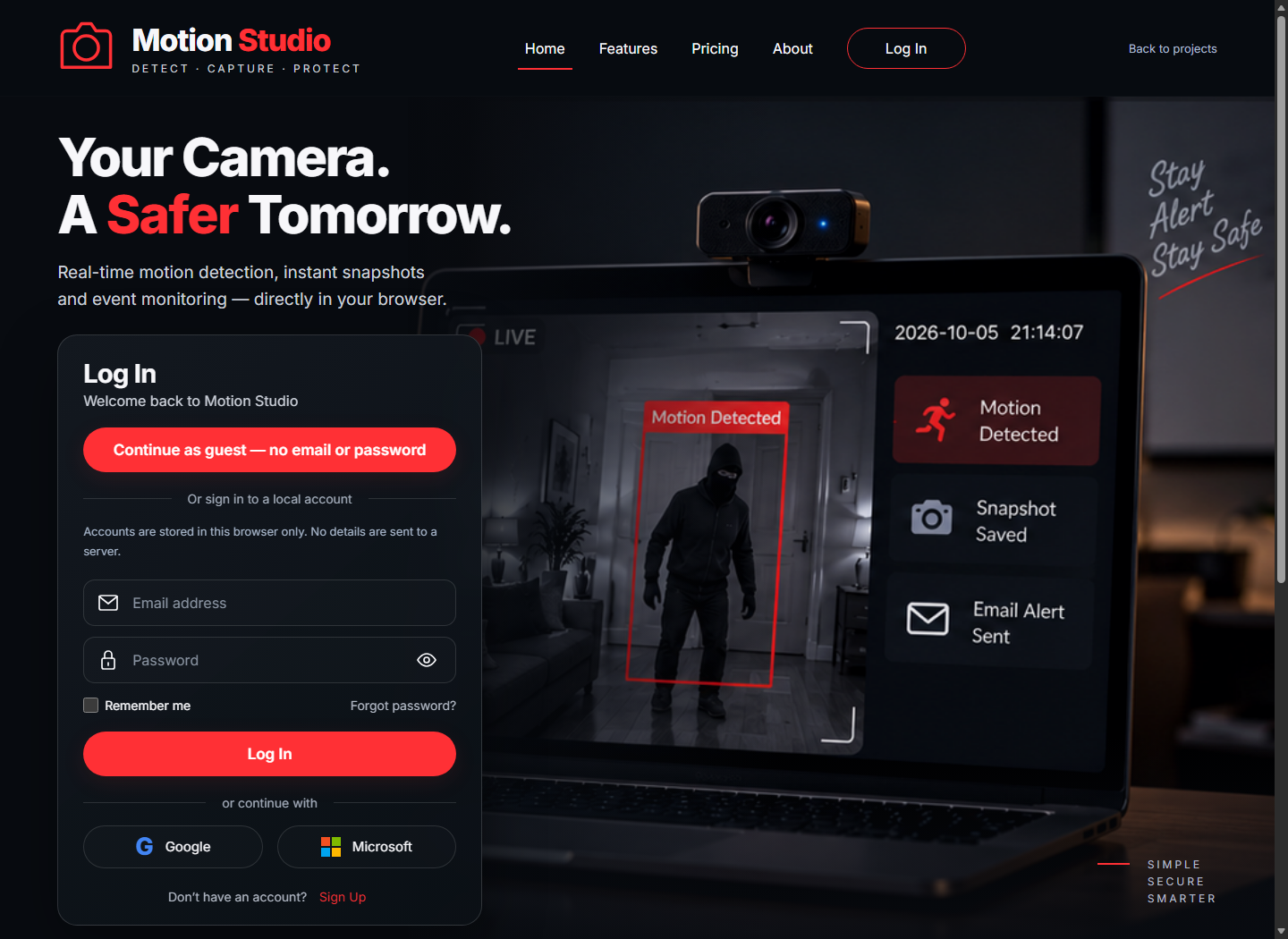 Motion Studio website with camera illustration and guest sign-in