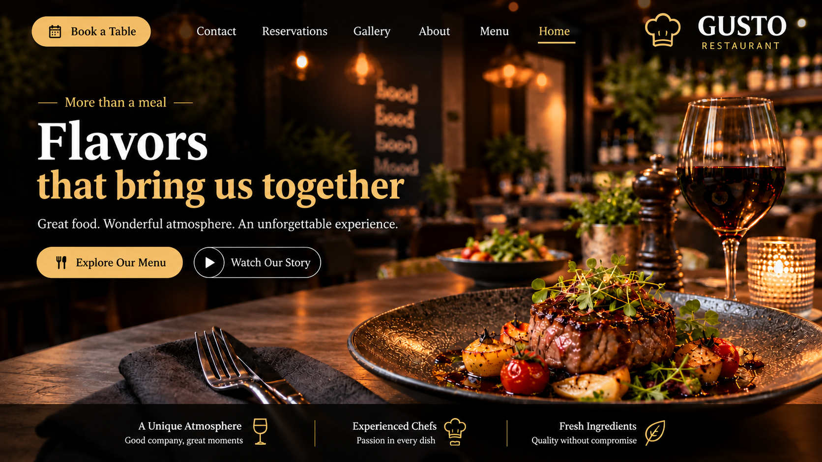 Gusto restaurant homepage in black and gold