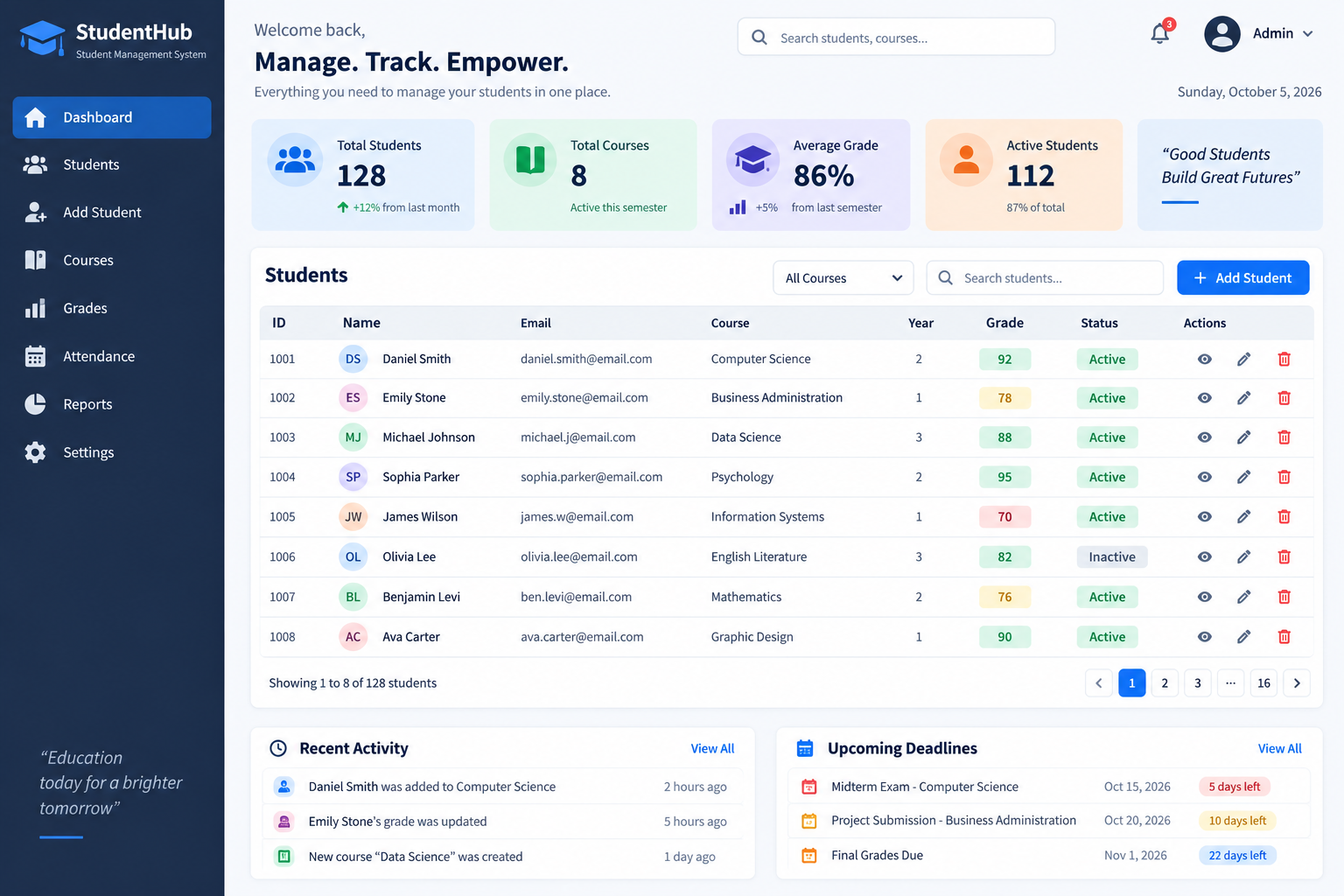 StudentHub student dashboard